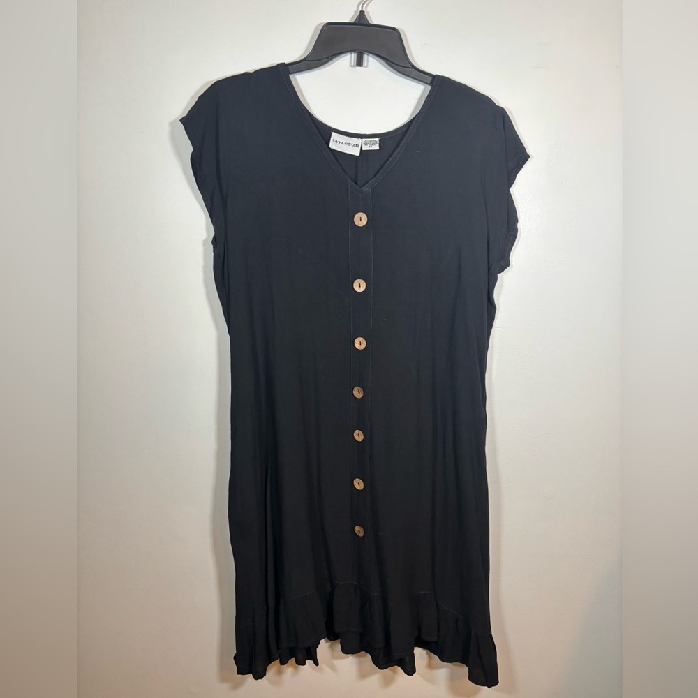 Raya Sun Black Linen Blend Button Front Ruffle Hem Dress Size M